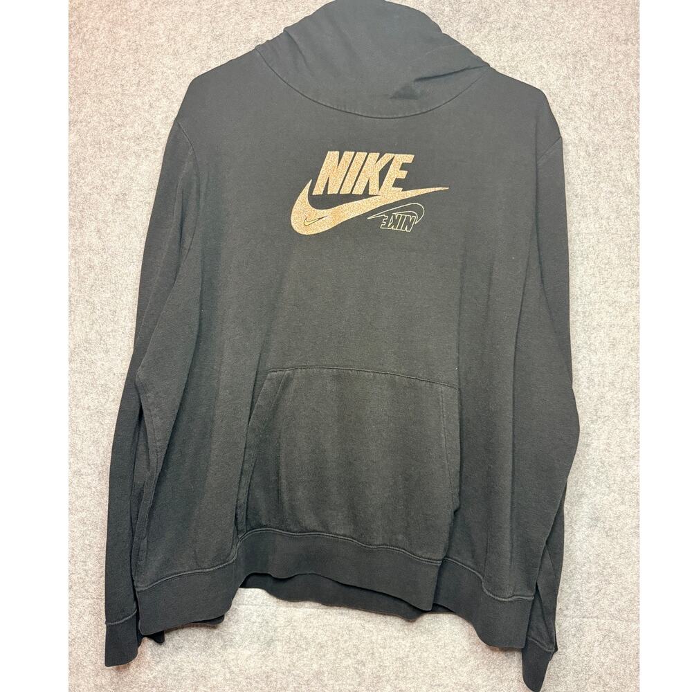 Nike Womens XXL Fleece Funnel Neck Hoodie Black Gold Glitter Swoosh Pullover